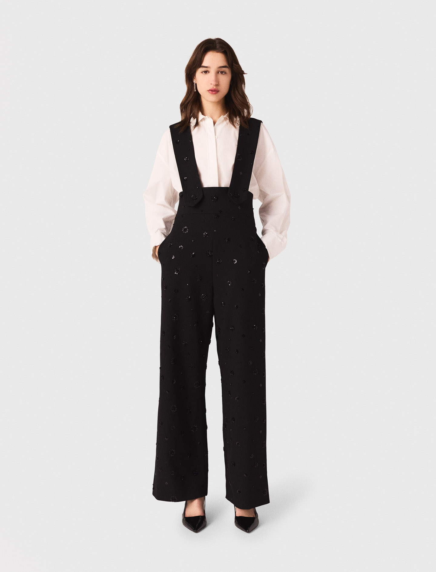 Woman's polyester Embroidered trousers with braces for Fall/Winter, size Small, in color Black /