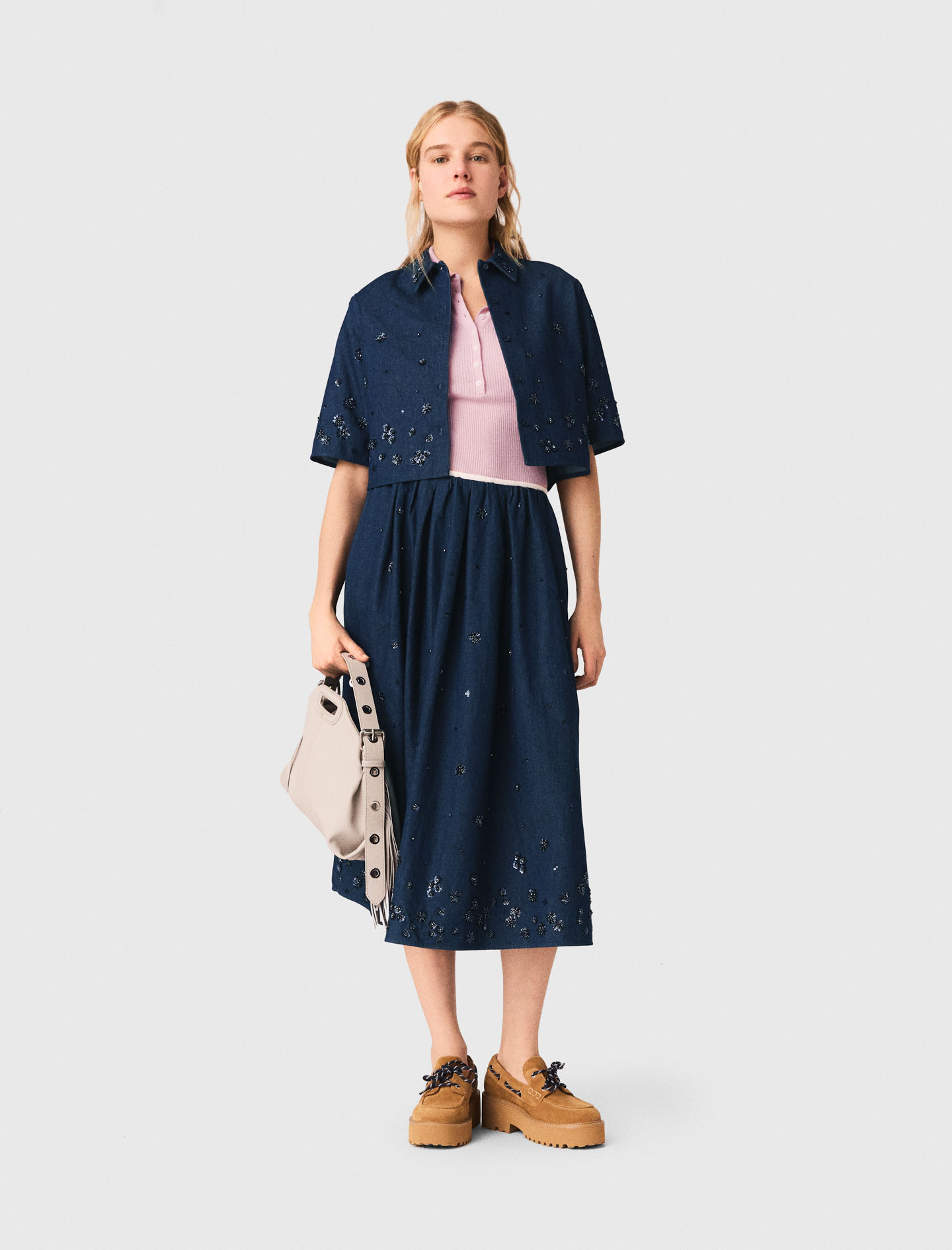 Woman's cotton Embroidered cropped denim shirt for Spring/Summer, size Large, in color Navy / Blue