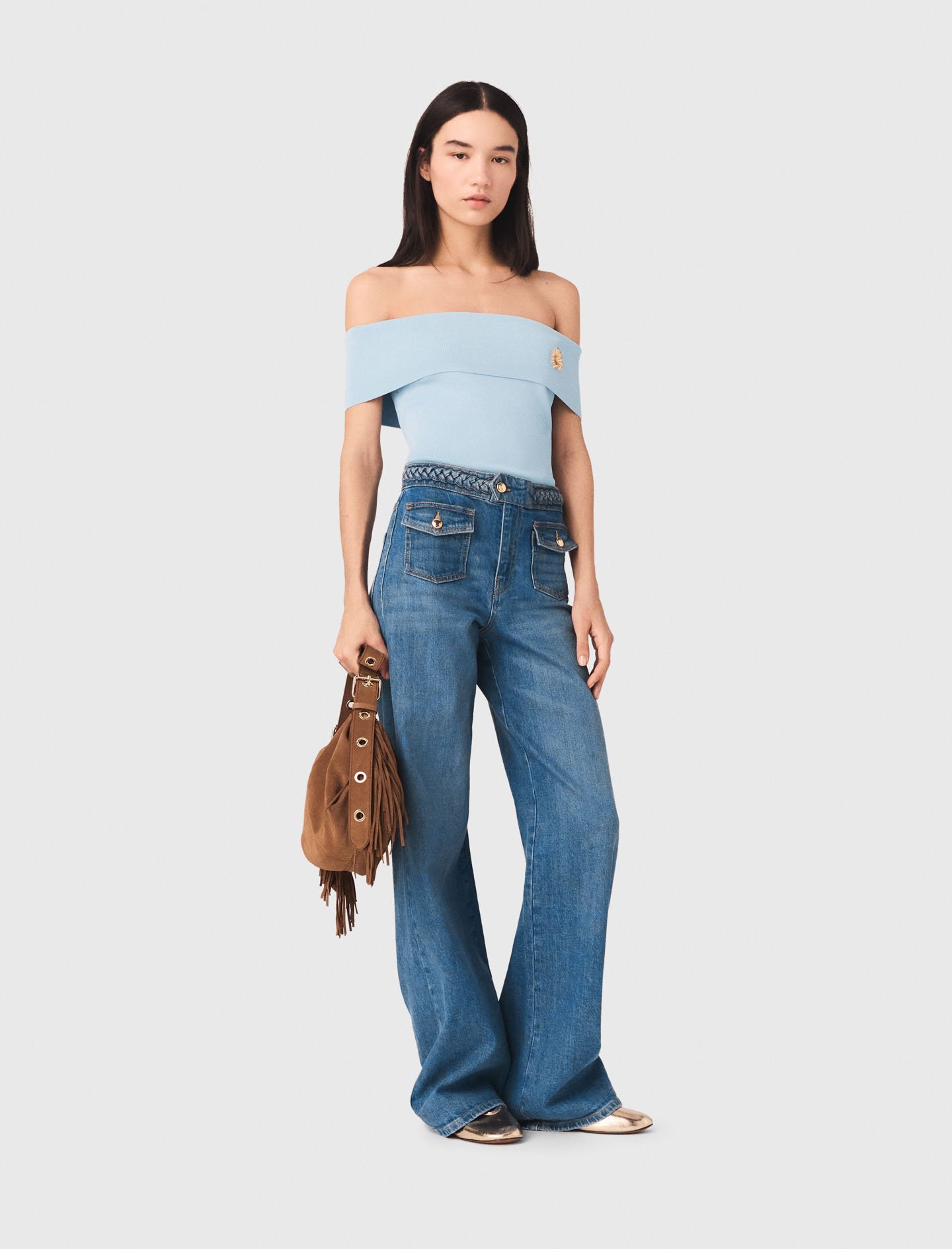 Woman's cotton Braided flared jeans for Spring/Summer, size Large, in color Blue /