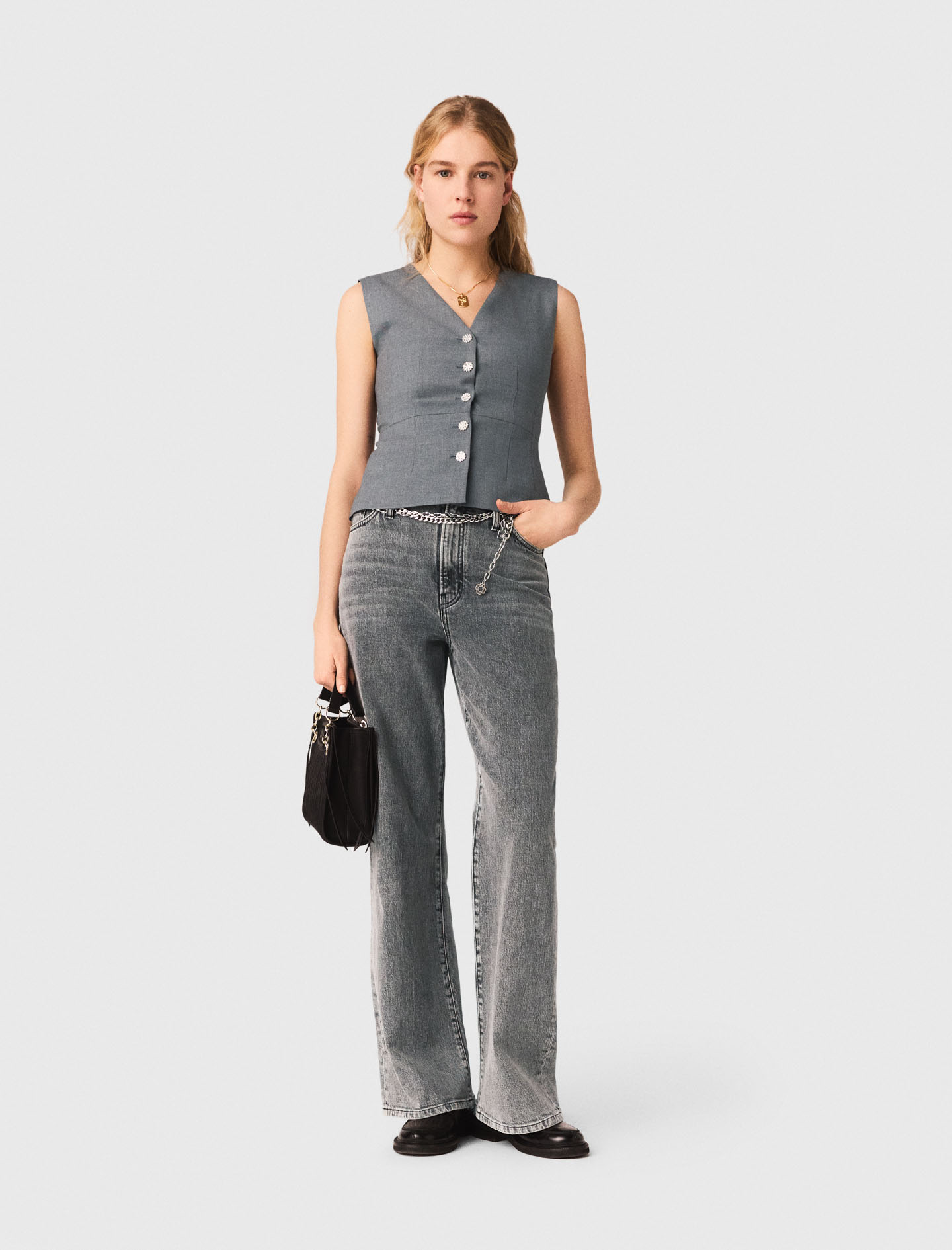 Woman's wool Jewel-button tailored vest for Spring/Summer, size Extra Small, in color Grey /