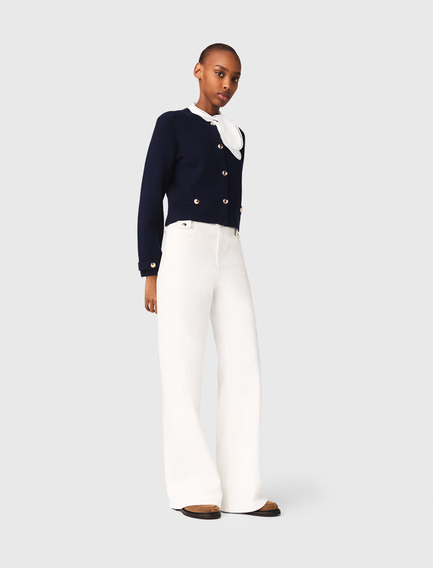 Woman's acrylic Cardigan with embroidered collar for Spring/Summer, size Small, in color Navy / Blue