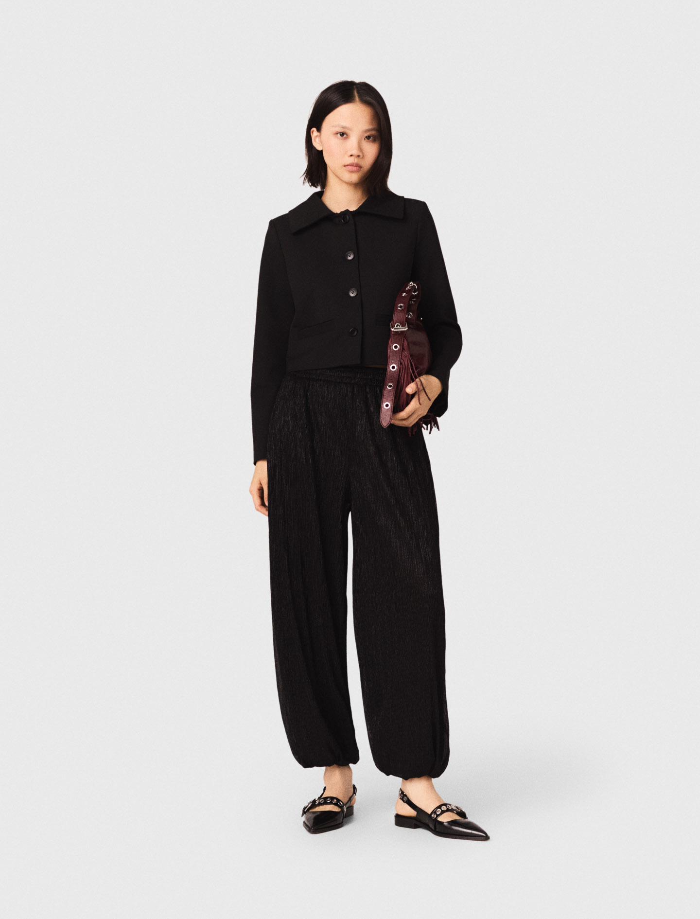 Woman's polyester Metallic harem trousers for Spring/Summer, size Medium, in color Black / by Maje