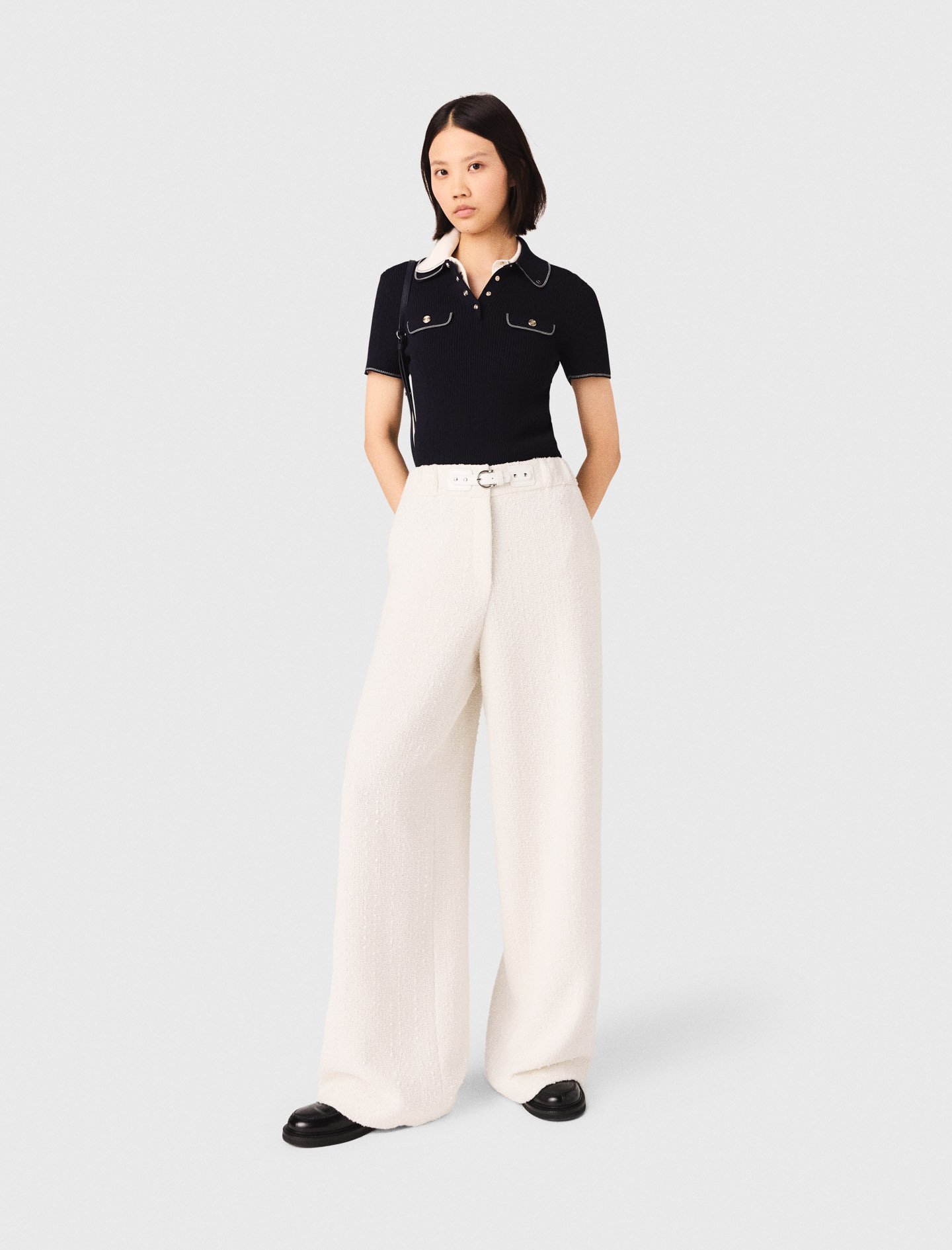 Woman's cotton Wide-leg tweed trousers for Spring/Summer, size Large, in color Ecru / Beige by Maje