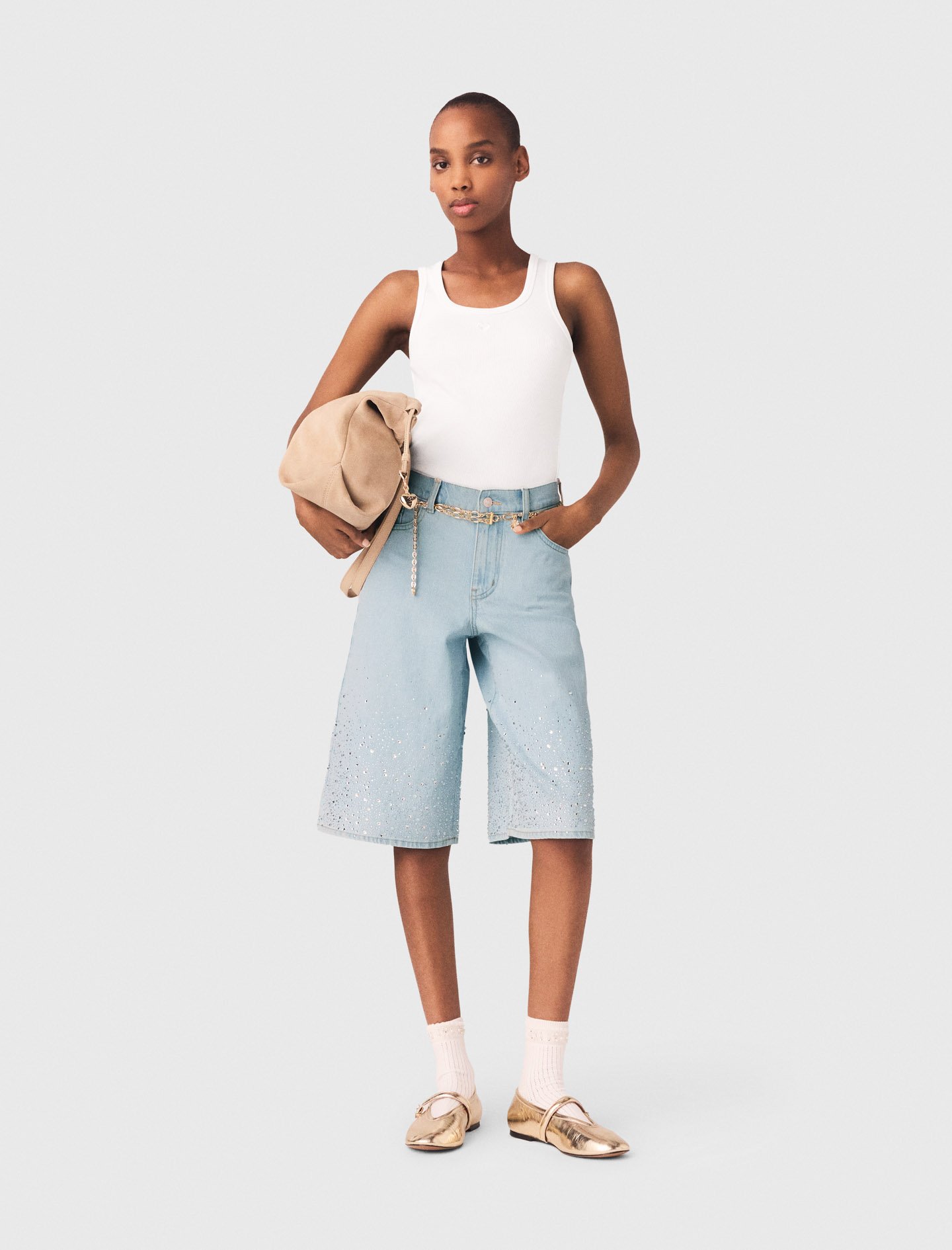 Woman's cotton Rhinestone Bermuda shorts for Spring/Summer, size Extra Extra Large, in color Blue Sky / Blue