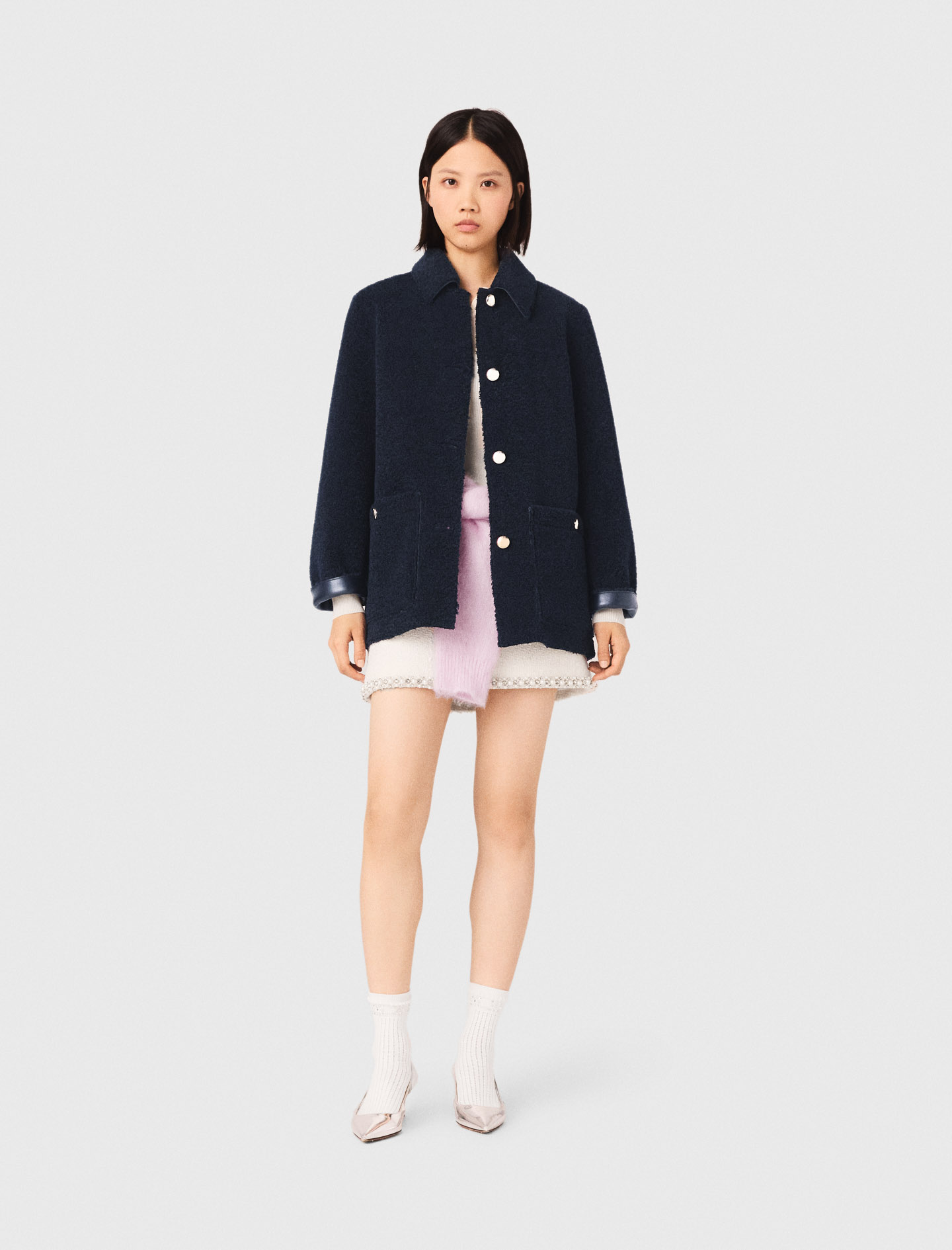 Woman's polyurethane Leather & faux shearling jacket for Spring/Summer, size Small, in color Navy / Blue