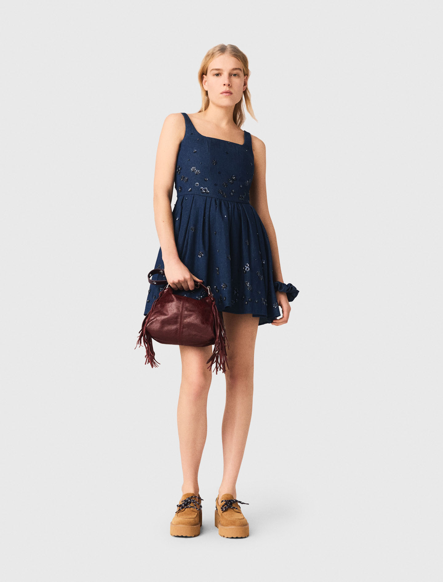 Woman's cotton Flared embroidered denim dress for Spring/Summer, size Large, in color Navy / Blue