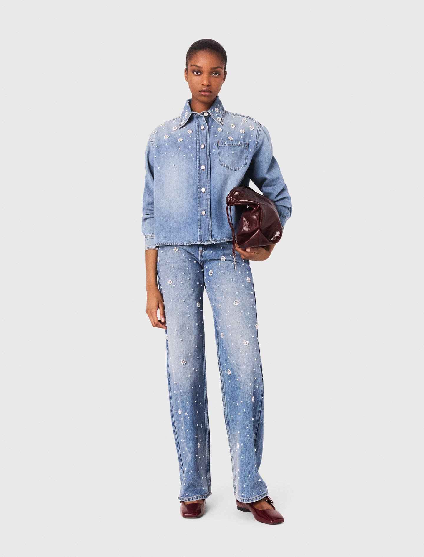 Woman's cotton Denim shirt jacket for Fall/Winter, size Large, in color Blue / by Maje
