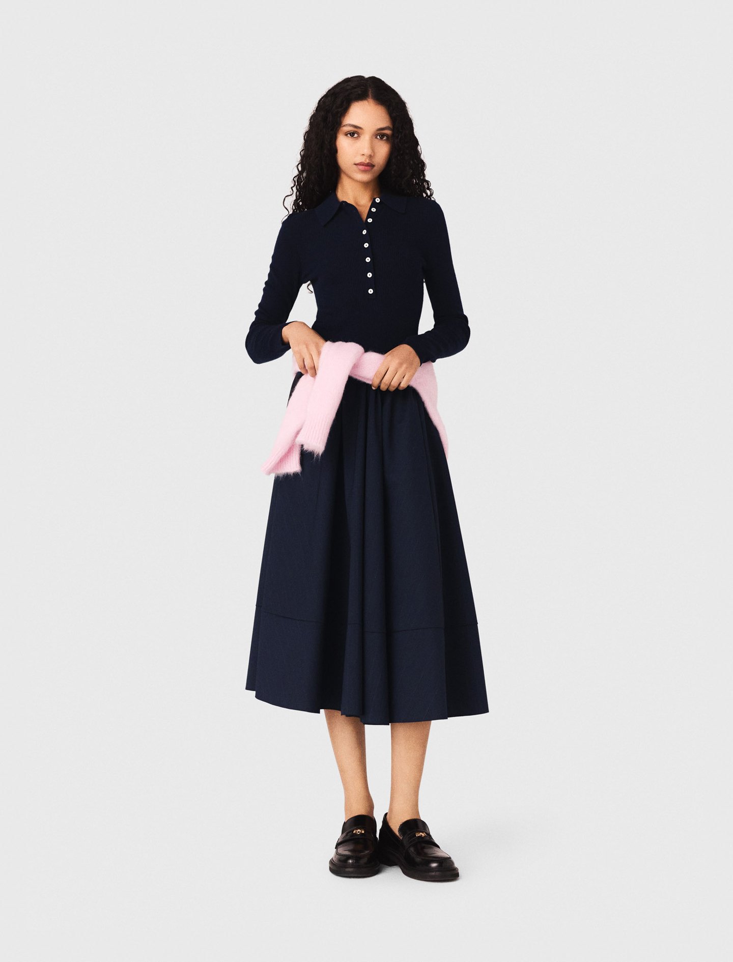 Woman's wool Polo collar ribbed sweater for Spring/Summer, size Large, in color Navy / Blue