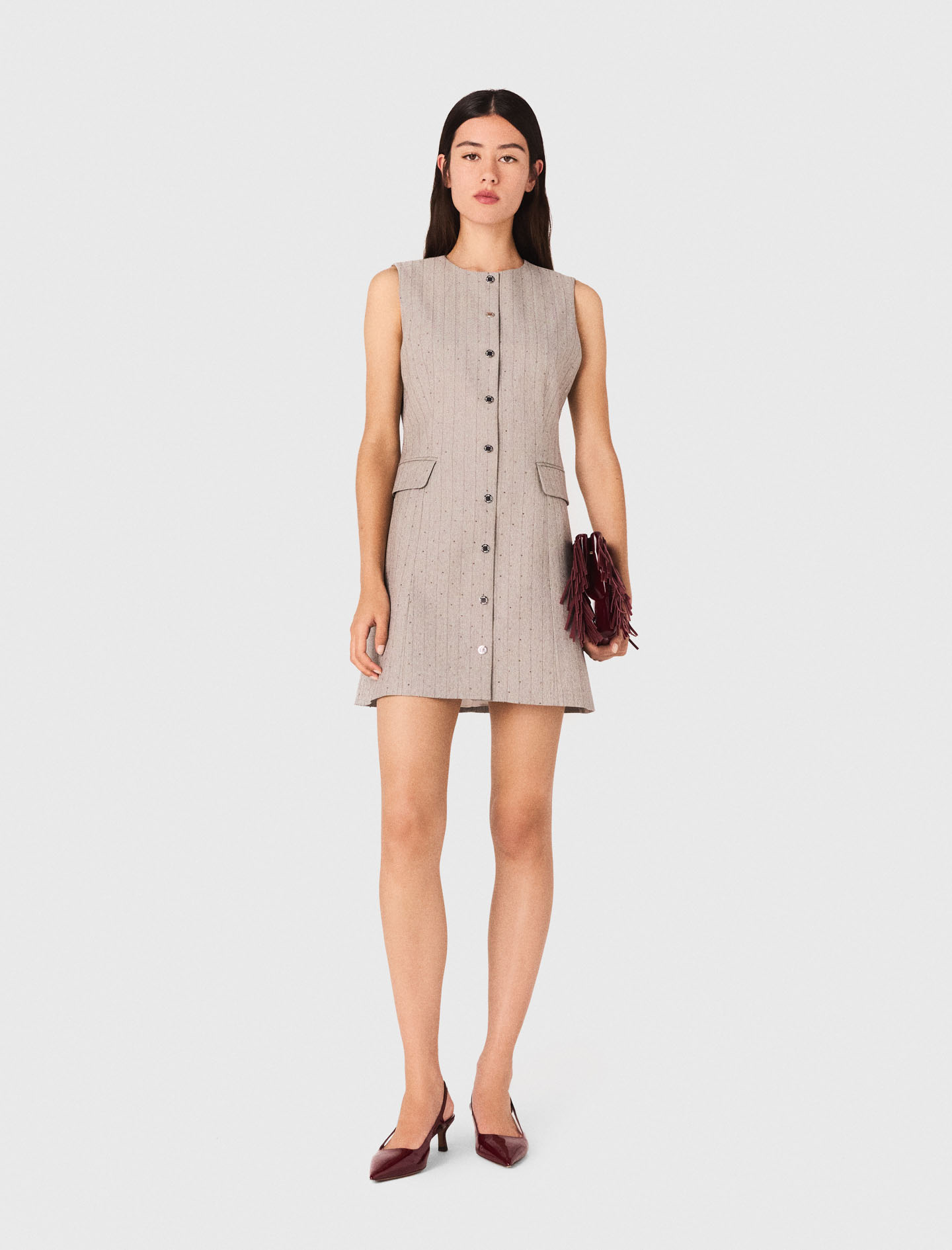 Woman's polyester Mini rhinestone tailored dress for Fall/Winter, size Medium, in color Light Grey / Grey