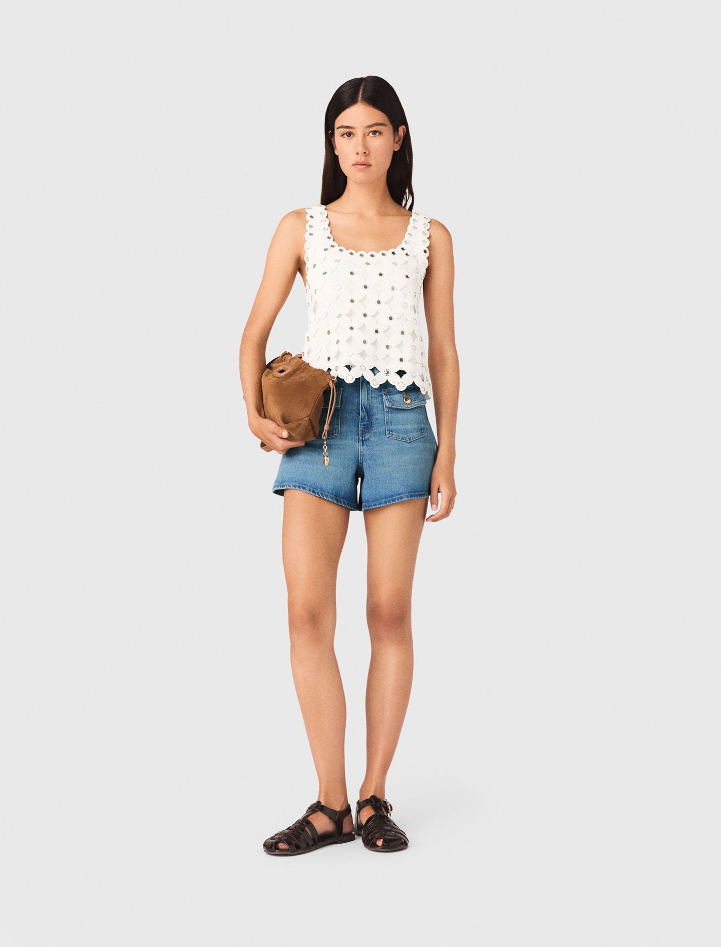 Woman's polyester Mirrored crochet top for Spring/Summer, size Medium, in color White /