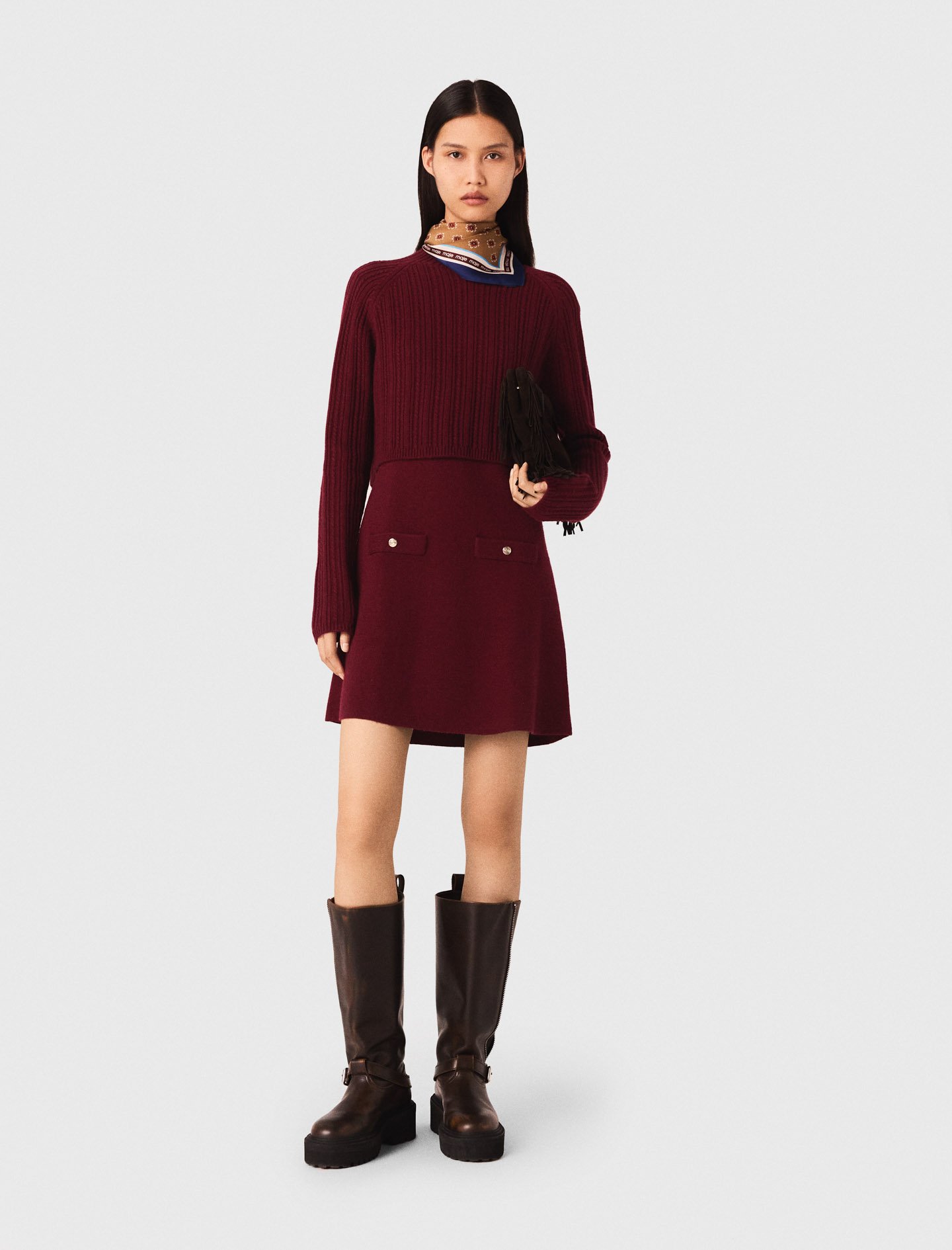 Woman's acrylic 2-in-1 knit mini dress for Fall/Winter, size Medium, in color Burgundy /