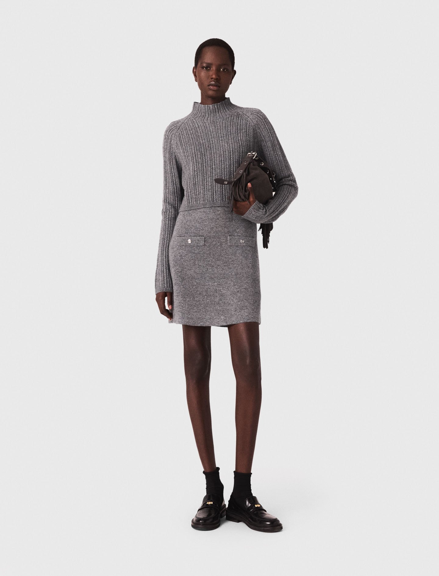 Woman's acrylic 2-in-1 knit mini dress for Fall/Winter, size Extra Small, in color Grey /