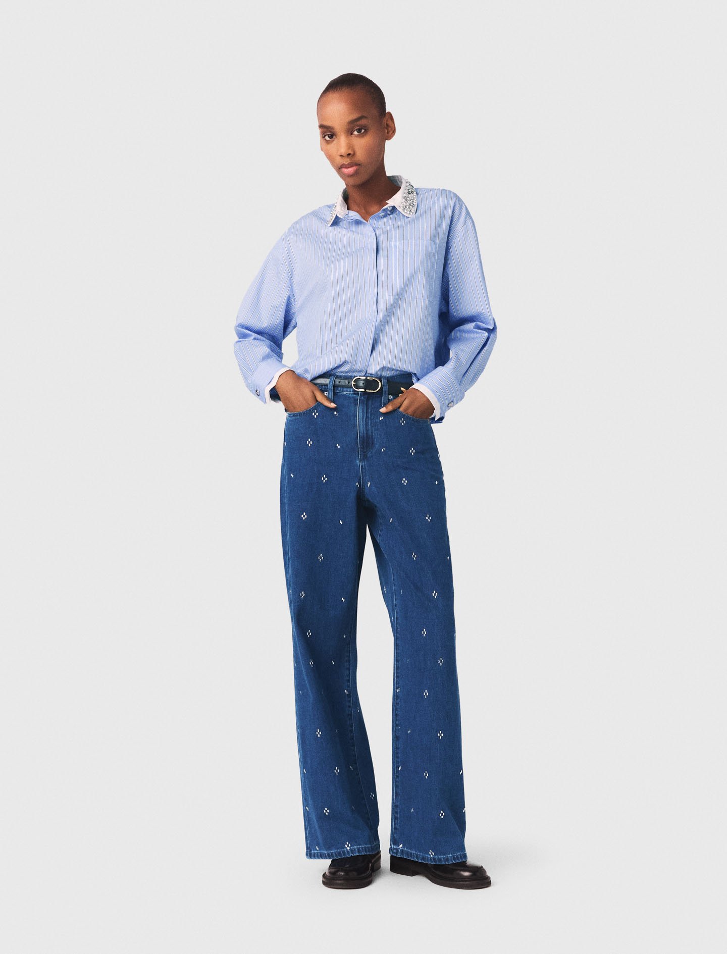 Woman's cotton Wide jeans with rhinestones for Spring/Summer, size Extra Extra Large, in color Blue /