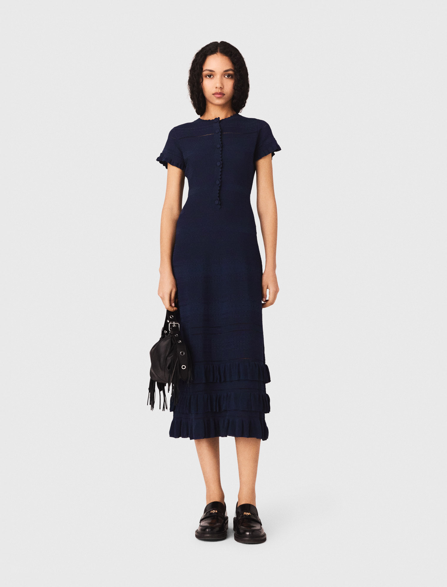 Woman's viscose Knit maxi dress with ruffles for Spring/Summer, size Large, in color Navy / Blue