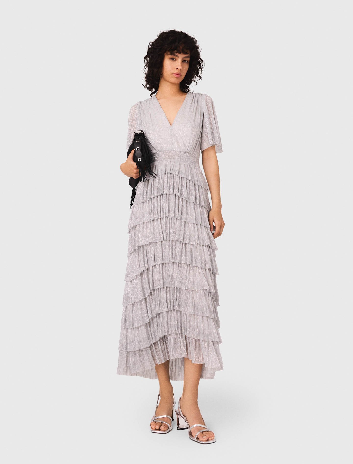 Woman's polyester Metallic ruffled midi dress for Fall/Winter, size Small, in color Silver / Grey