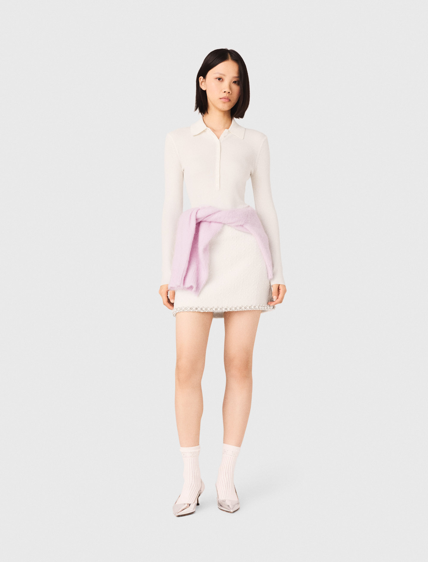 Woman's wool Ribbed polo sweater for Spring/Summer, size Extra Small, in color Ecru / Beige
