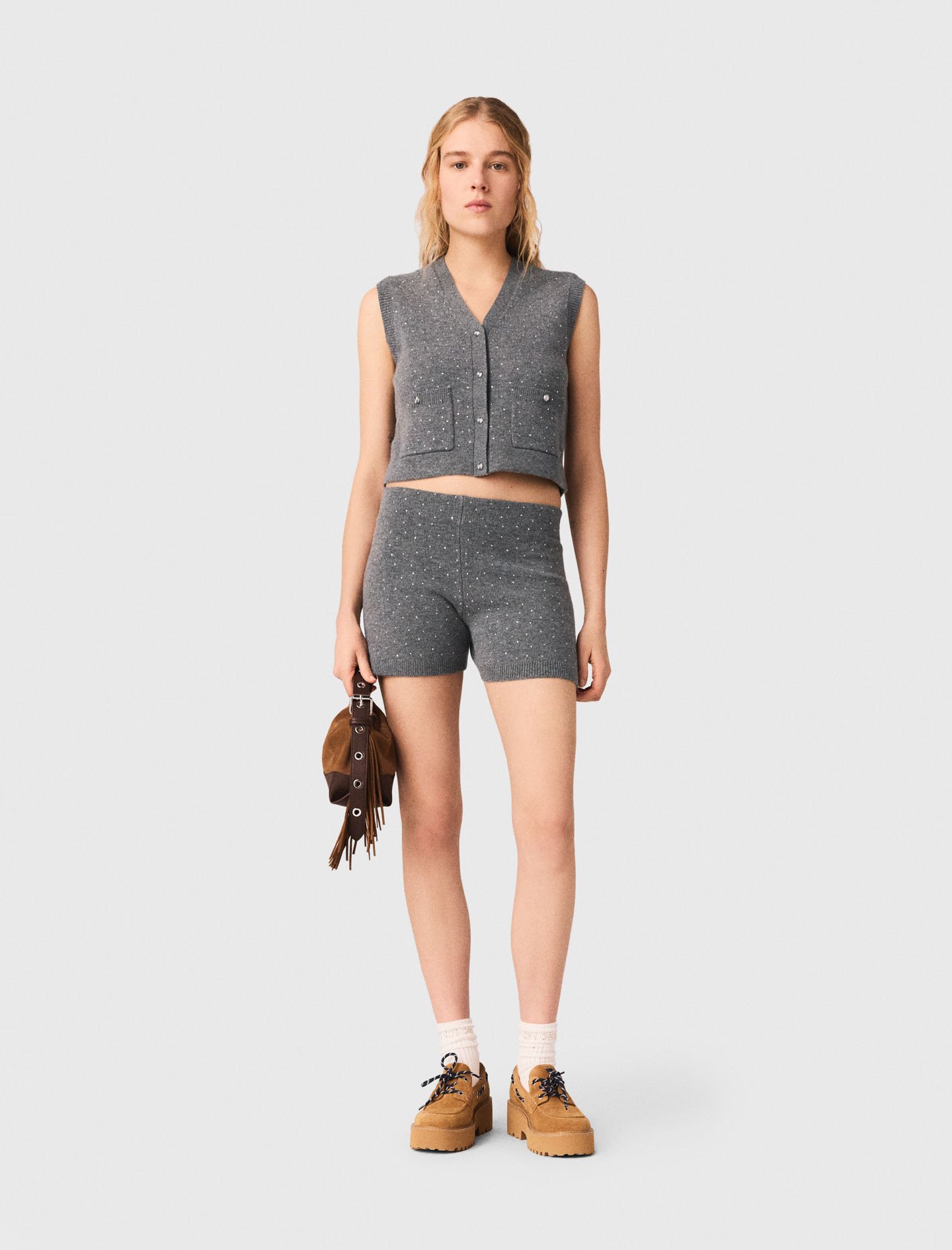 Woman's wool Rhinestone knit top for Spring/Summer, size Medium, in color Grey /
