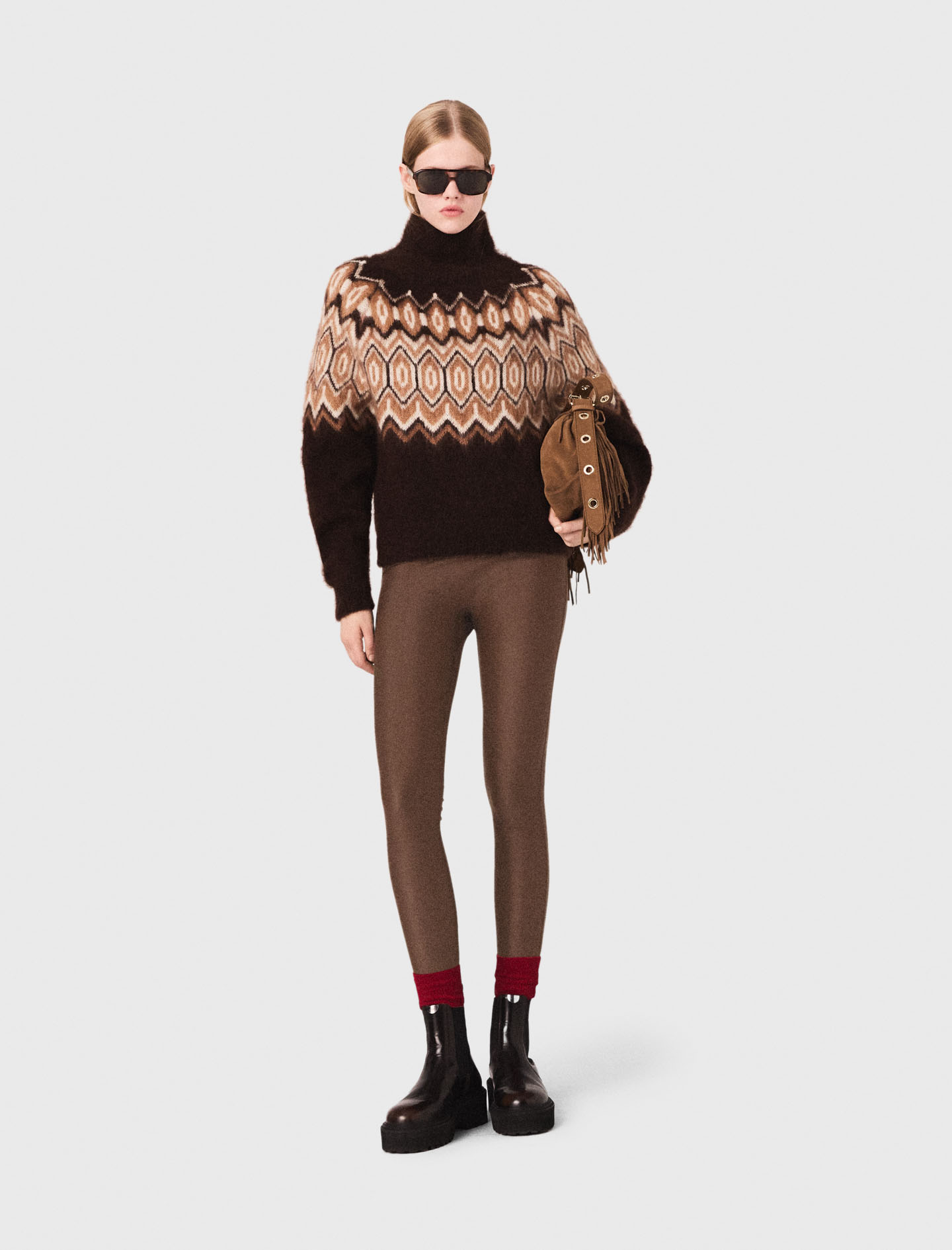 Woman's mohair Fair Isle high-neck sweater for Fall/Winter, size Small, in color Dark brown /