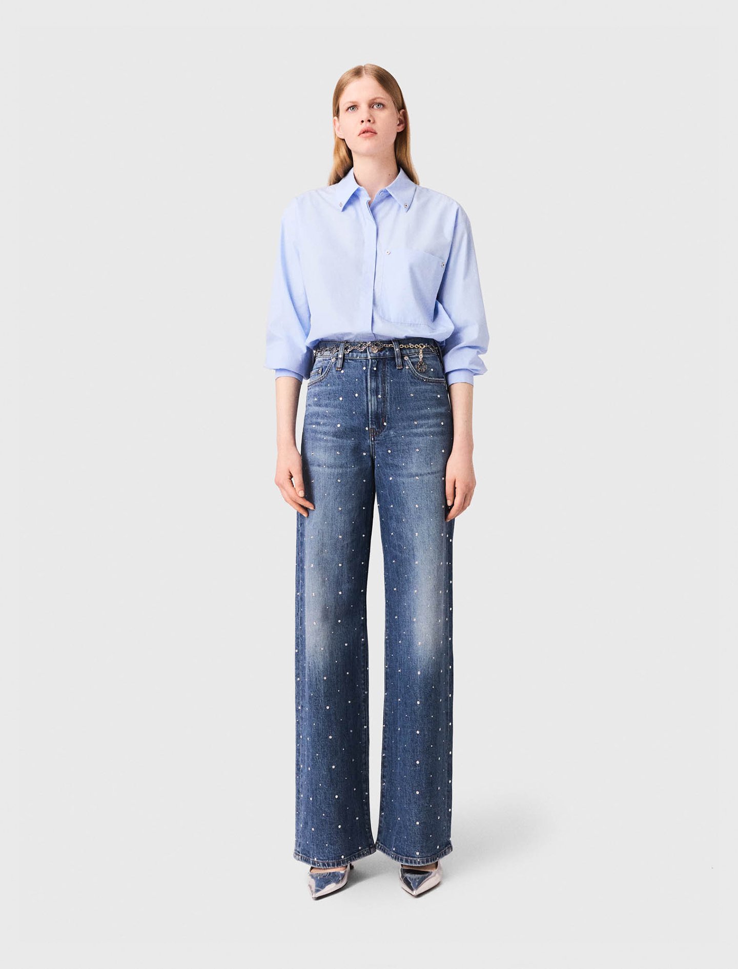 Woman's cotton Wide-leg denim jeans with studs for Fall/Winter, size Large, in color Blue /