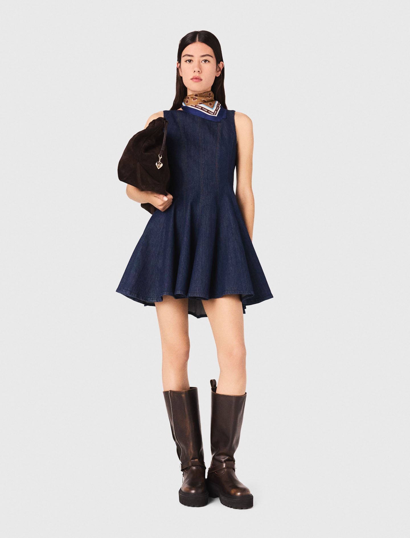 Woman's cotton Mini denim dress with ruffles for Fall/Winter, size Extra Small, in color Navy / Blue
