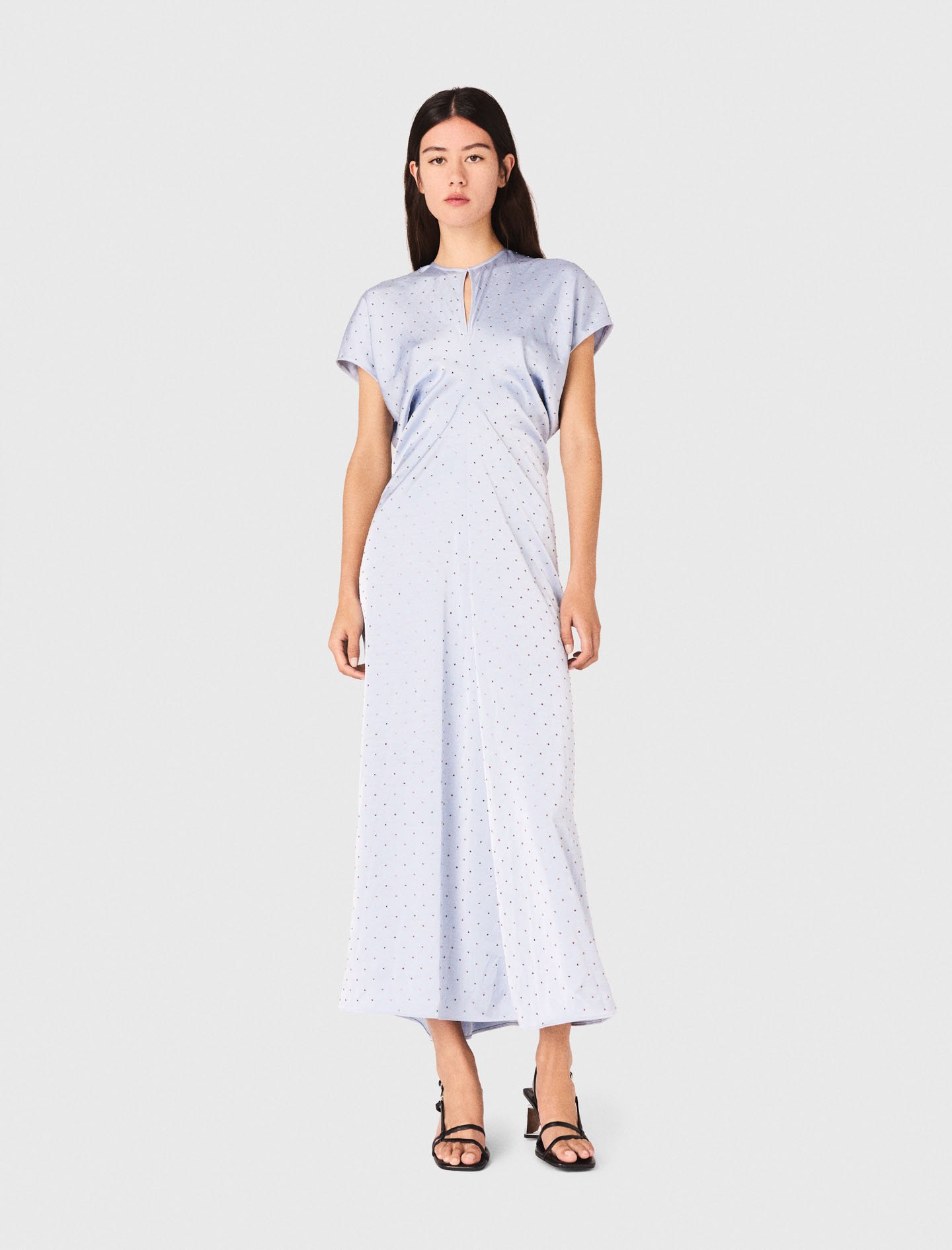 Woman's polyester Robe maxi en satin, taille plissée for Fall/Winter, size Small, in color Light Blue / Blue