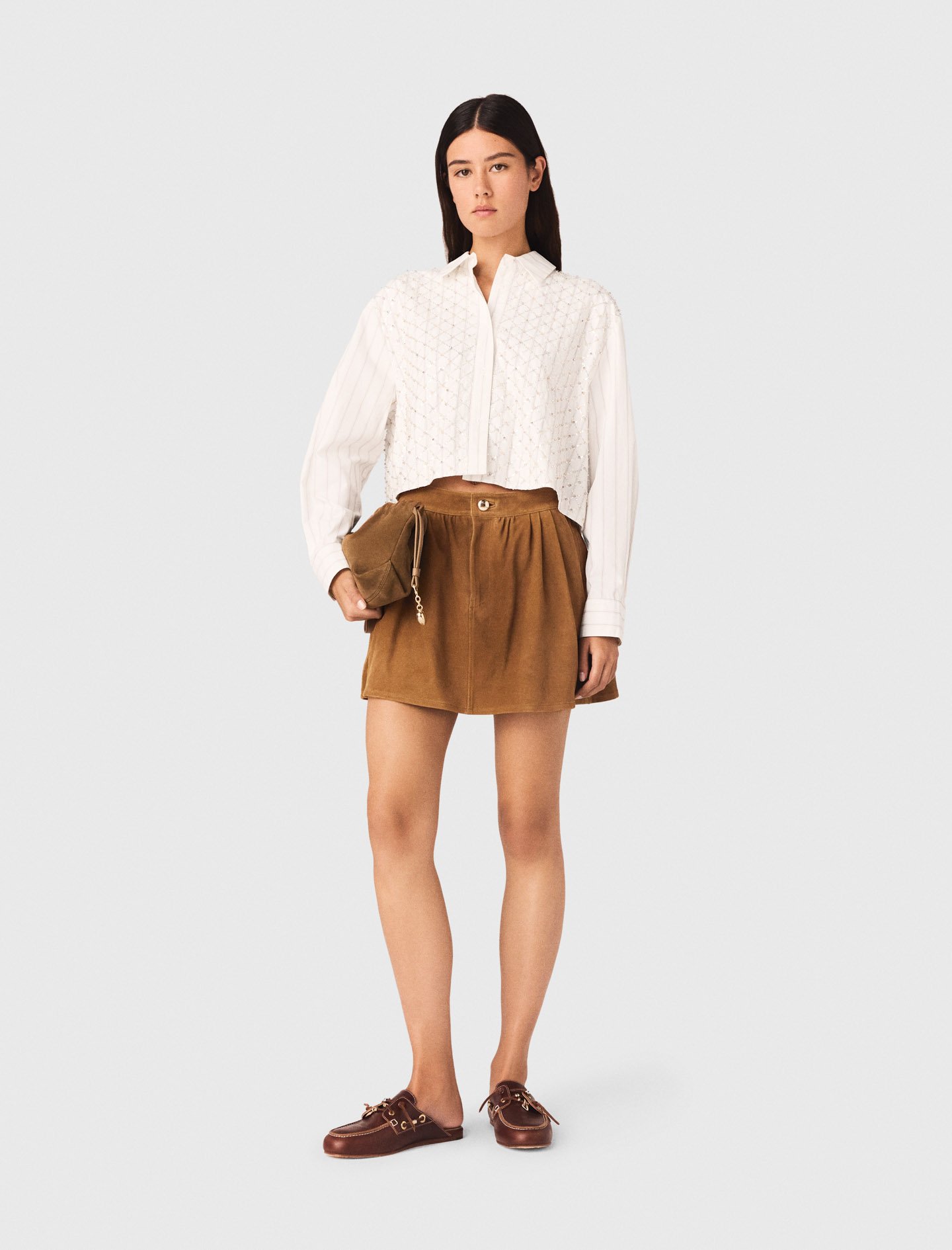 Woman's cotton Beaded cropped shirt for Spring/Summer, size Extra Small, in color White /