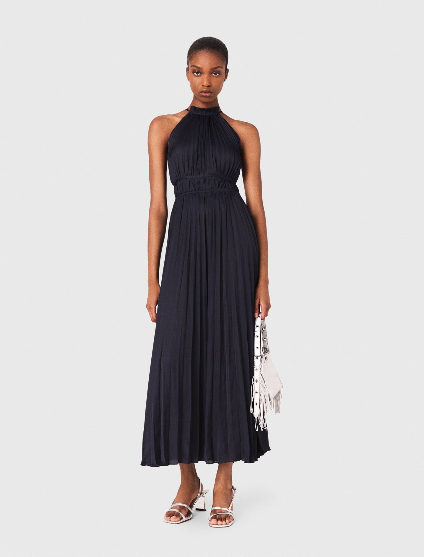 Woman's polyester Pleated satin maxi dress for Fall/Winter, size Extra Extra Large, in color Navy / Blue