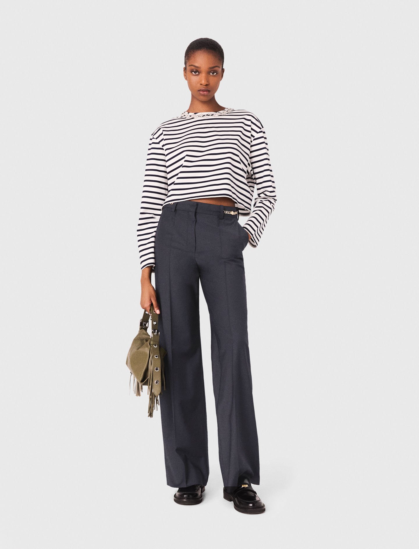 Woman's polyester Suit trousers with chain detail for Fall/Winter, size Small, in color Navy / Blue