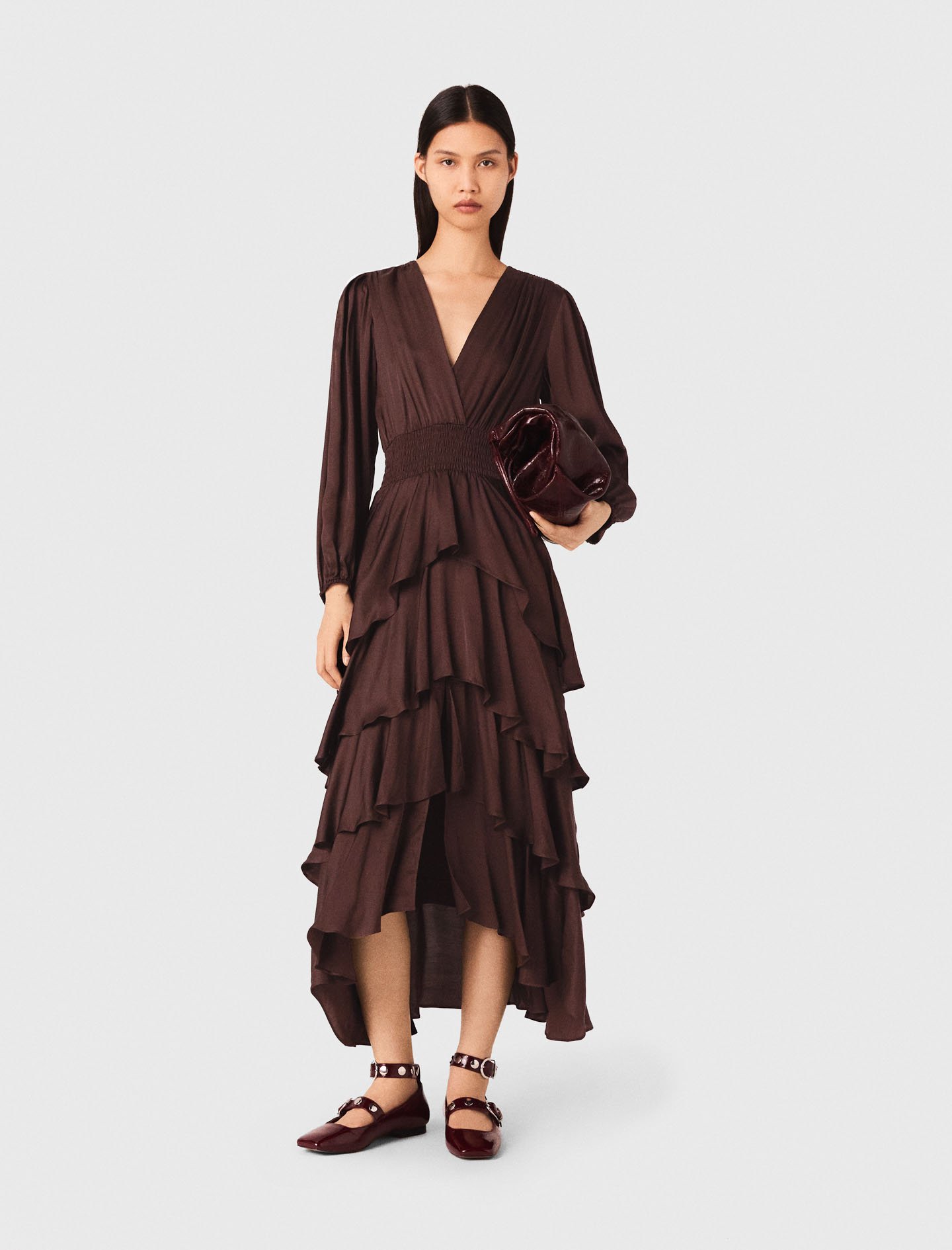 Woman's viscose Flowy ruffled maxi dress for Fall/Winter, size Extra Small, in color Brown /