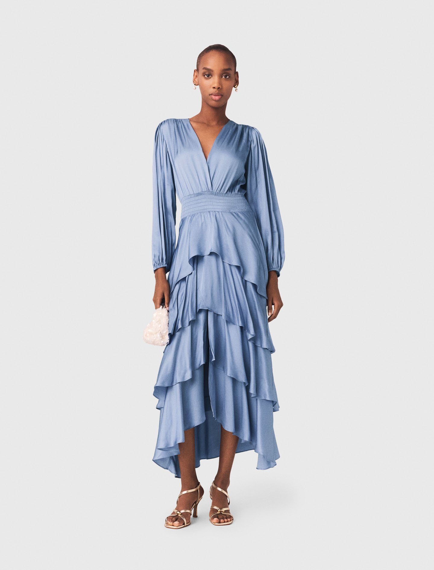 Woman's viscose Ruffled maxi dress for Spring/Summer, size Small, in color Blue / Grey /