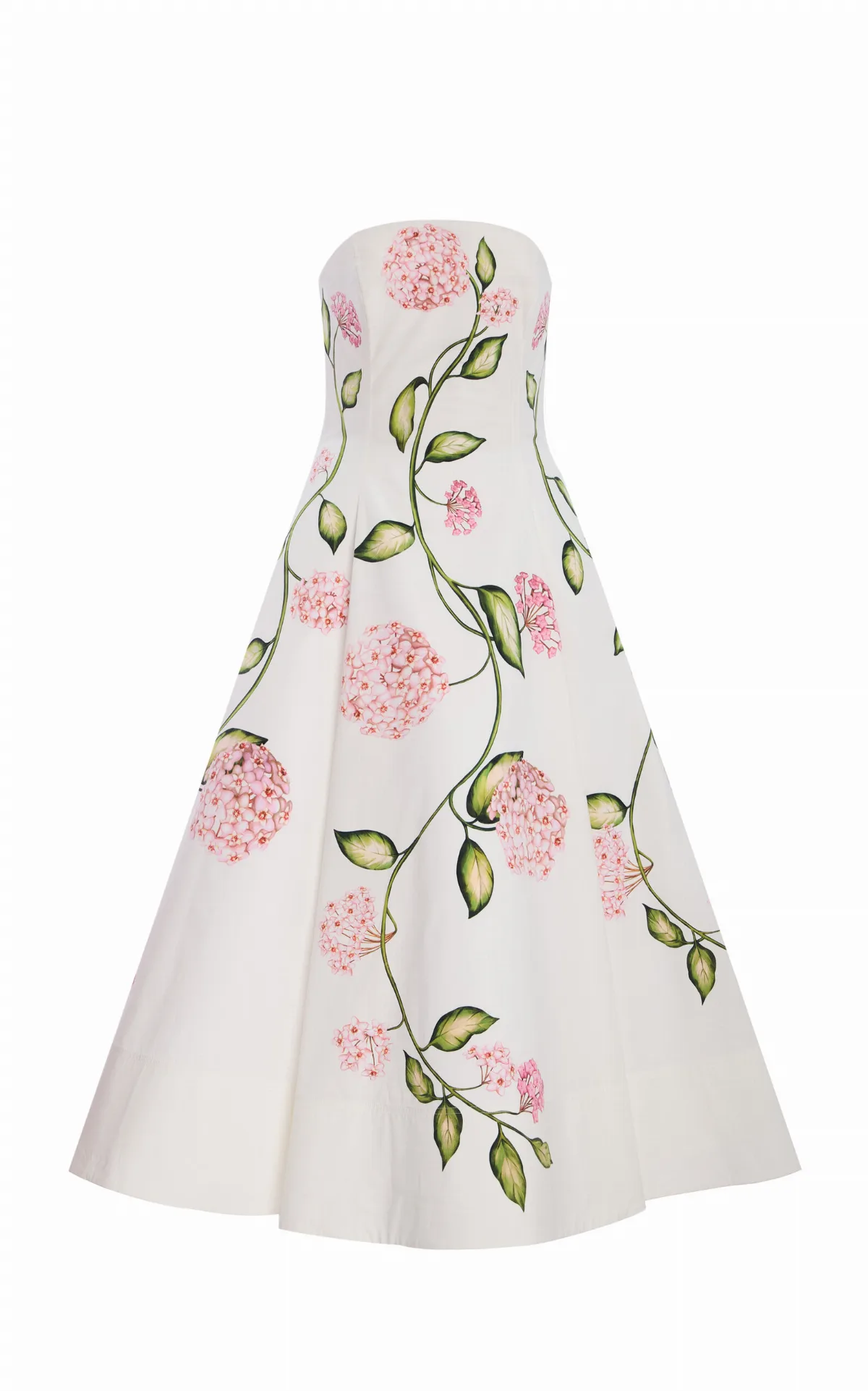 Porcelain Flowers Strapless Poplin Midi Dress