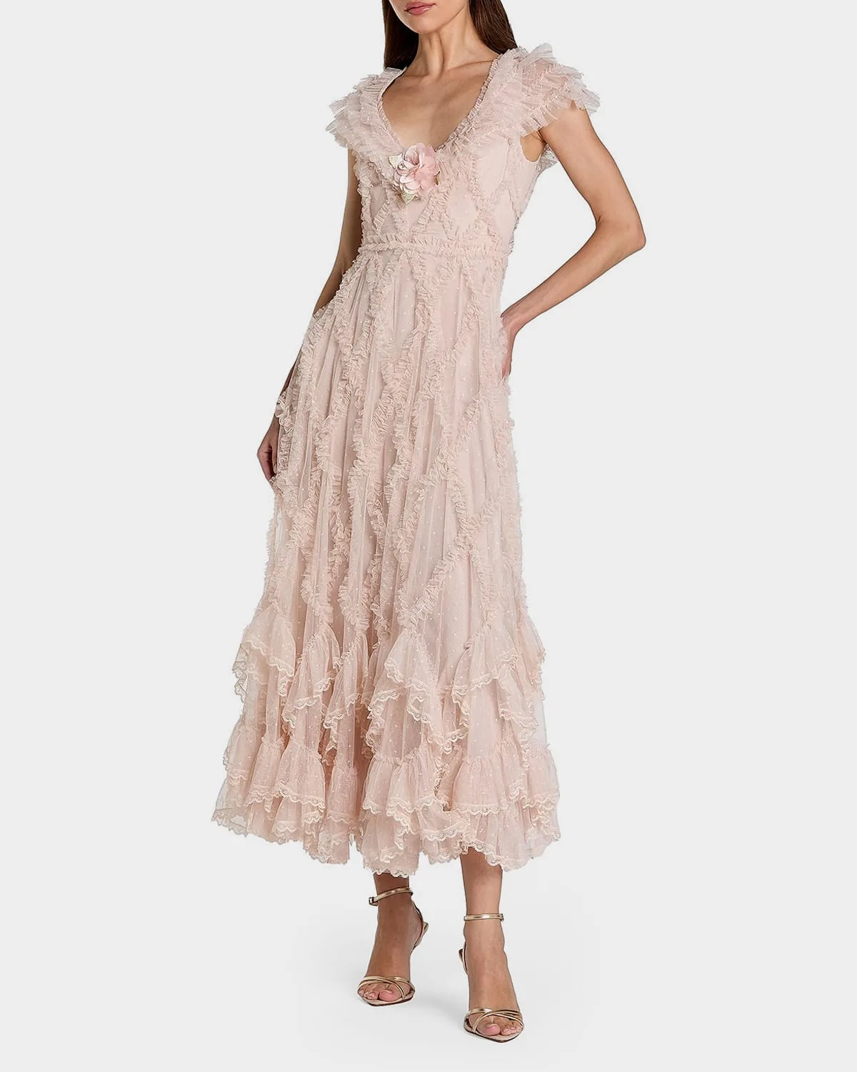 Mesh Ruffled V-Neck Midi-Dress