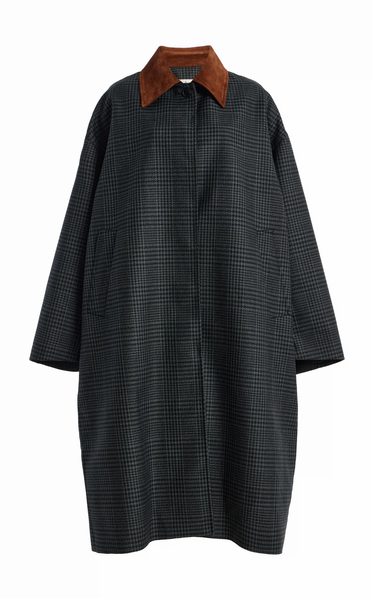 Suede-Collar Checked Wool Coat