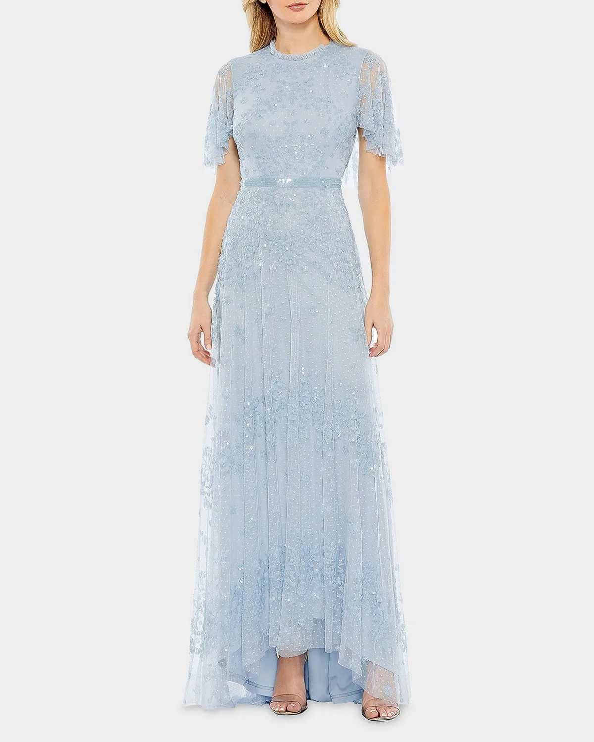 Flutter-Sleeve Sequin Tulle Gown