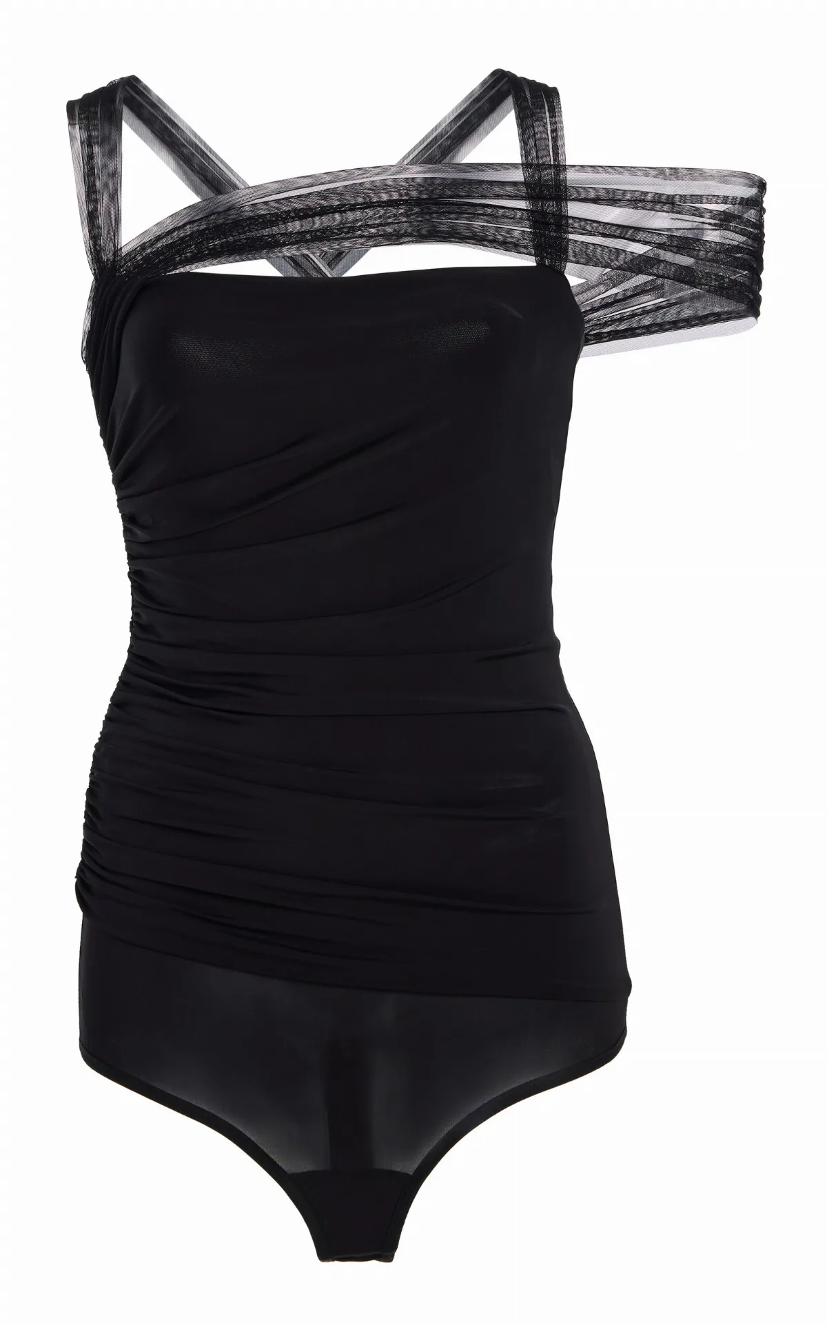 Tulle-Detailed Ruched Jersey Bodysuit