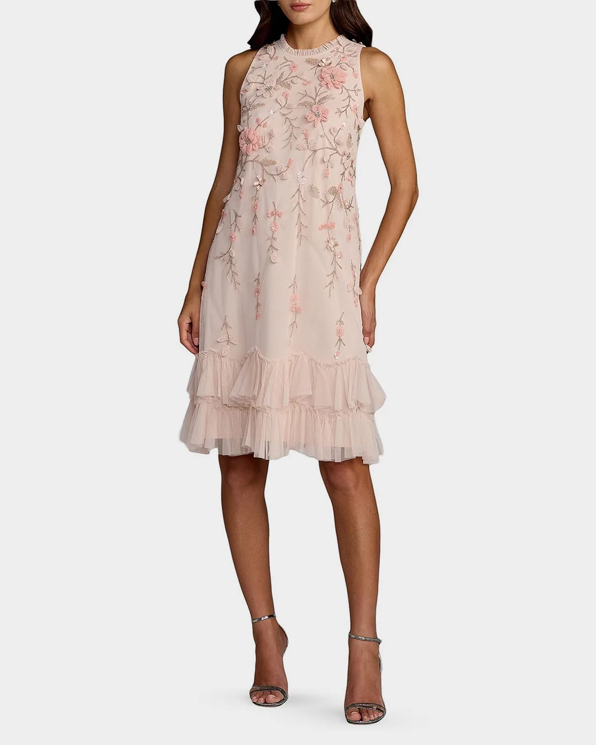 Cocktail Floral Embellished Chiffon Tiered Dress