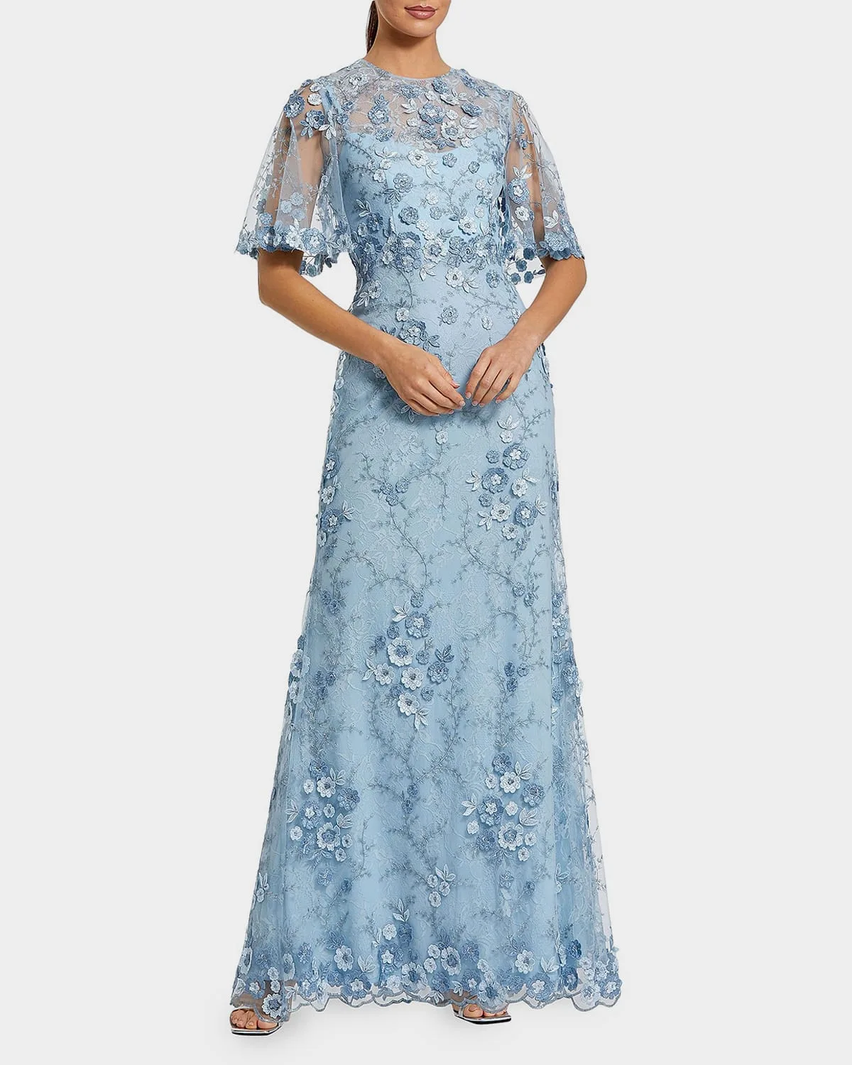 Embellished Lace Flutter-Sleeve Gown