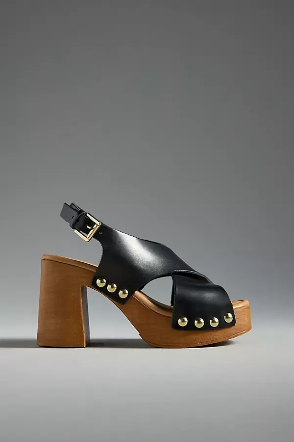 Studded Wood-Bottom Platform Sandals