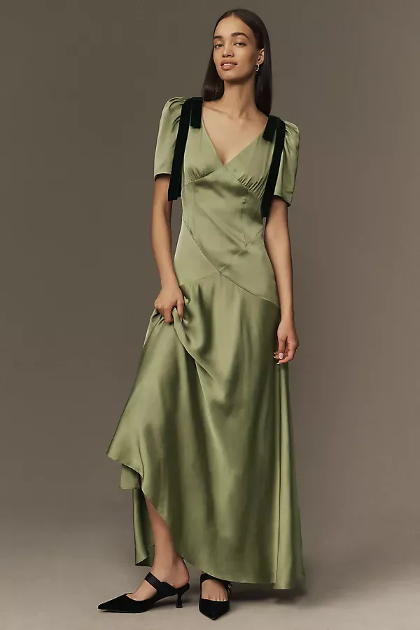 Bree Puff-Sleeve V-Neck Satin Slip Midi Dress by Mare Mare