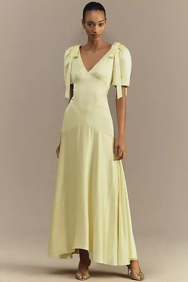 Bree Puff-Sleeve V-Neck Satin Slip Midi Dress