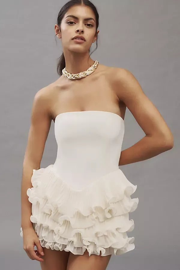 Sorella Strapless Basque-Waist Ruffle-Hem Mini Dress
