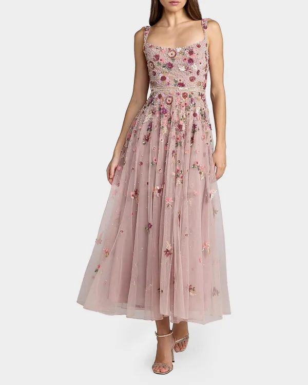 Floral Embellished Scoopneck Midi-Dress