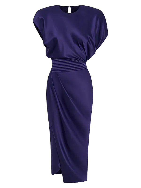 Bond Satin Pleated Asymmetric Midi-Dress