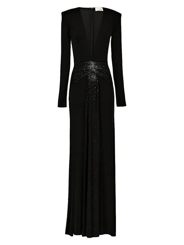 Azure Rhinestone Plunging V-Neck Jersey Gown