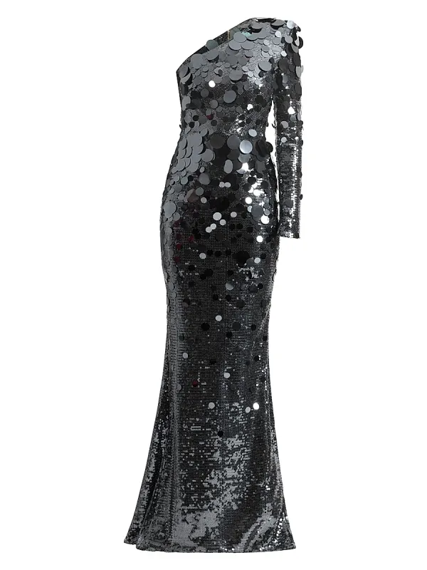 The Shimmer Is a Prism Sequined One-Shoulder Gown