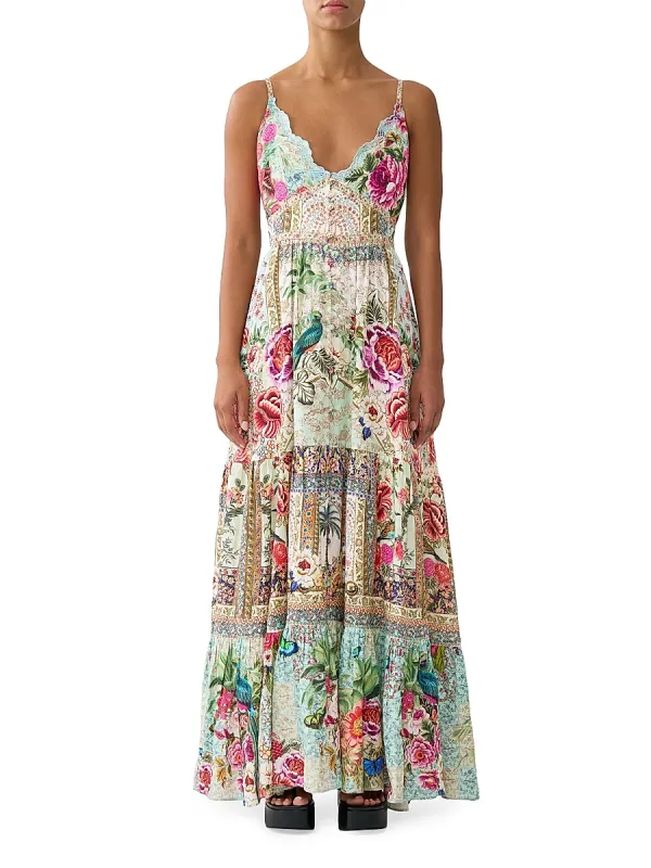 Printed Tiered Linen A-Line Maxi Dress