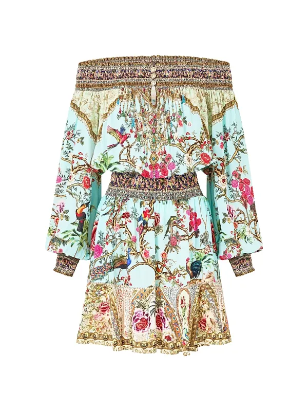 Sultans-Print Silk Off-the-Shoulder Minidress