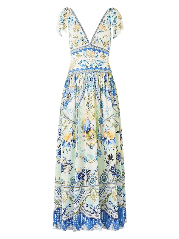 Shoulder-Tie Linen-Silk Maxi Dress