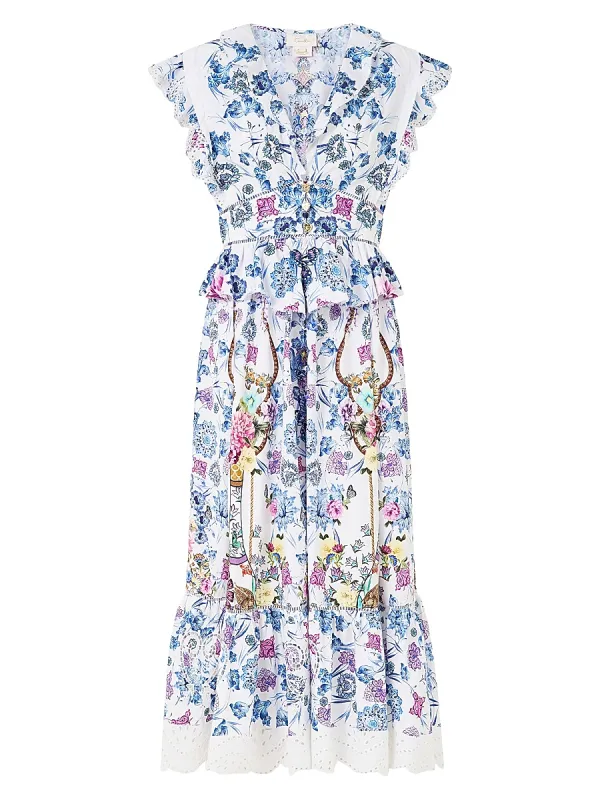 Floral Ruffled Cotton Midi-Dress