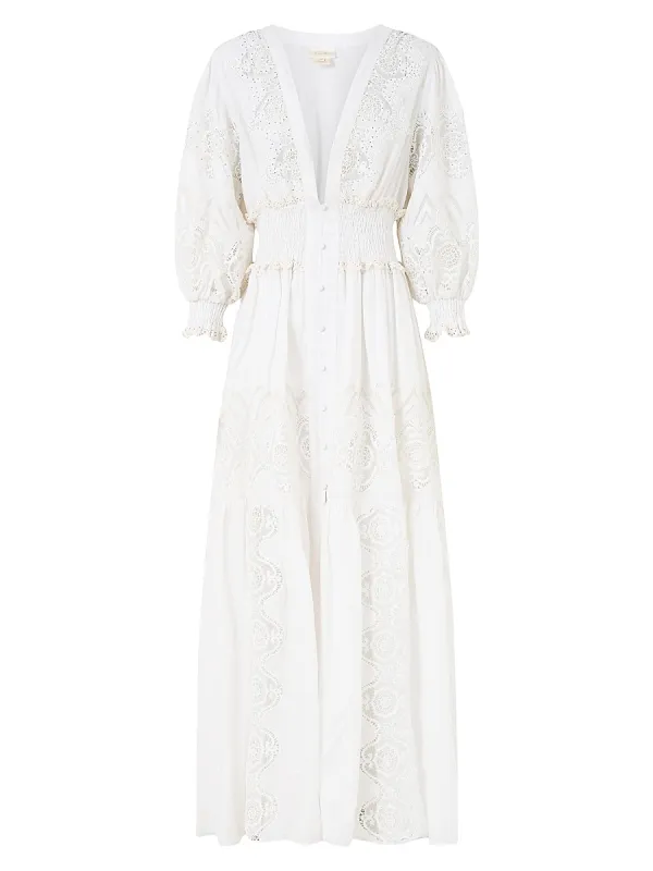 Embellished Shirred Linen Maxi Dress